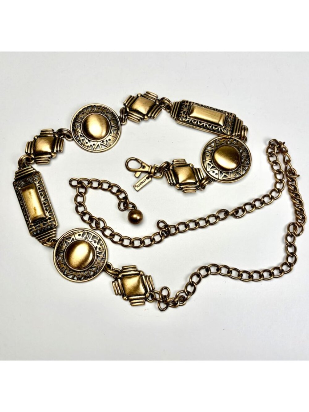 Vtg Chicos Brass Tone Chunky Metal Geometric Link Belt Lobster Clasp w Extender
